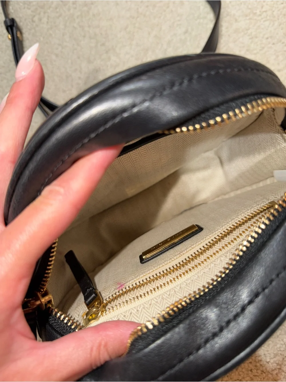 Tory Burch Black Quilted Leather Round Crossbody with Gold Logo